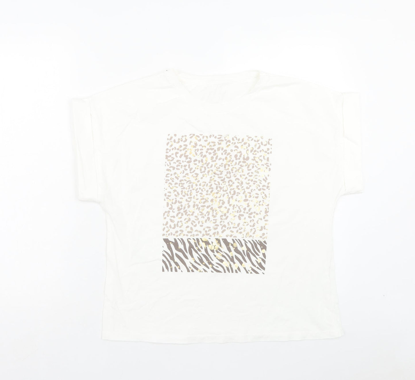 Preworn Womens White Animal Print Cotton Basic T-Shirt One Size Crew Neck