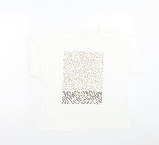 Preworn Womens White Animal Print Cotton Basic T-Shirt One Size Crew Neck