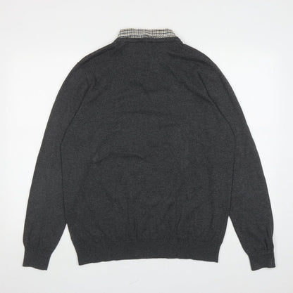 George Mens Grey Collared Cotton Henley Jumper Size L