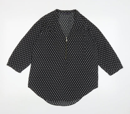 Marks & Spencer Womens Black Geometric Polyester Basic Blouse Size 10 V-Neck
