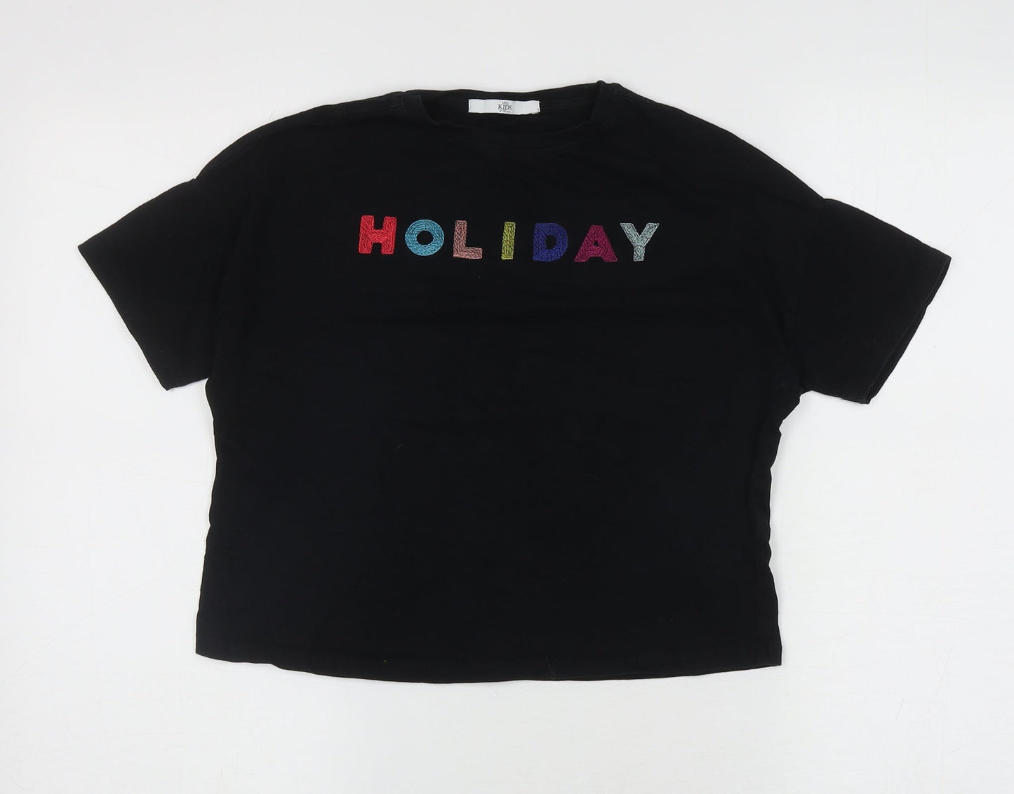 Marks and Spencer Girls Black Cotton Basic T-Shirt Size 9-10 Years Round Neck Pullover - Holiday