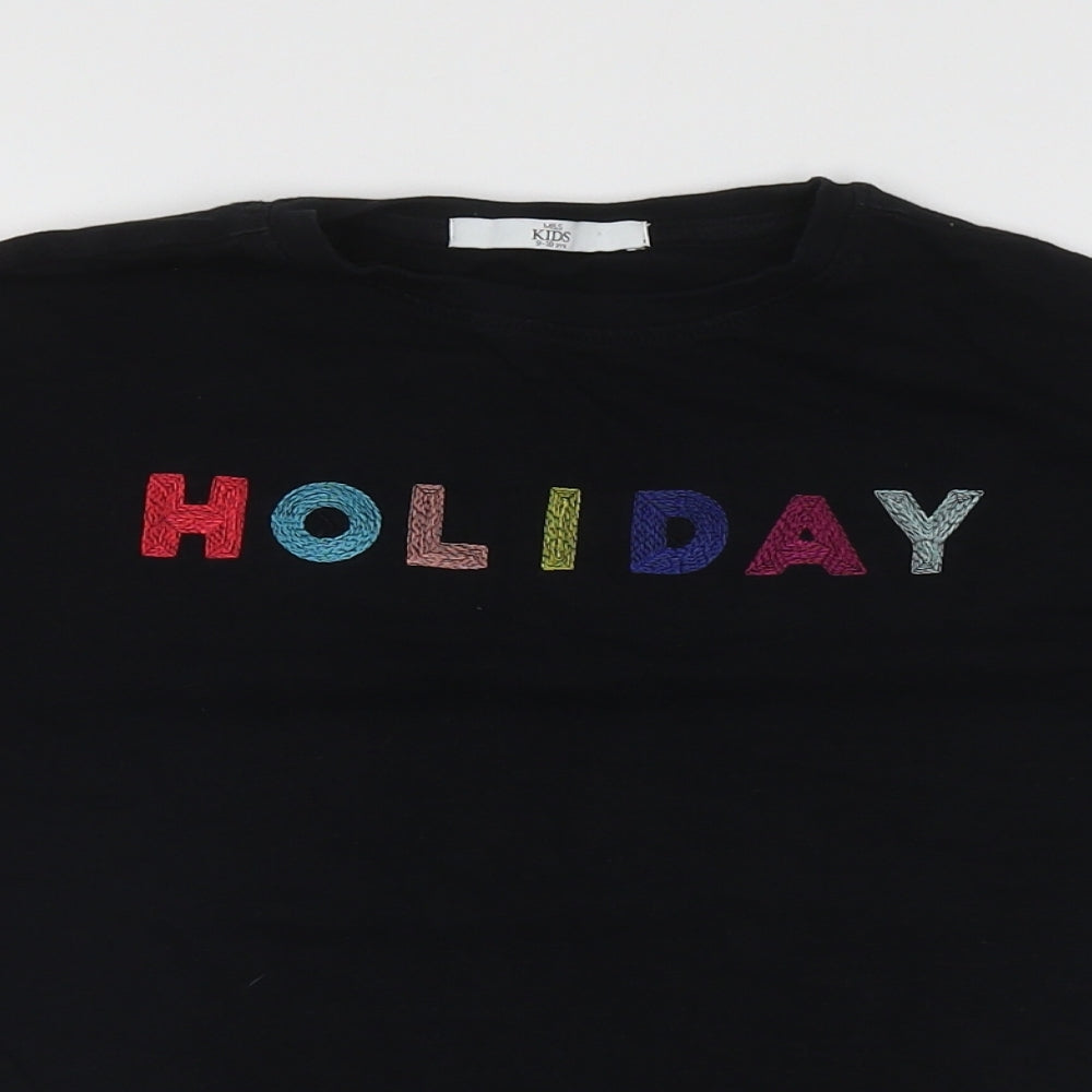 Marks and Spencer Girls Black Cotton Basic T-Shirt Size 9-10 Years Round Neck Pullover - Holiday