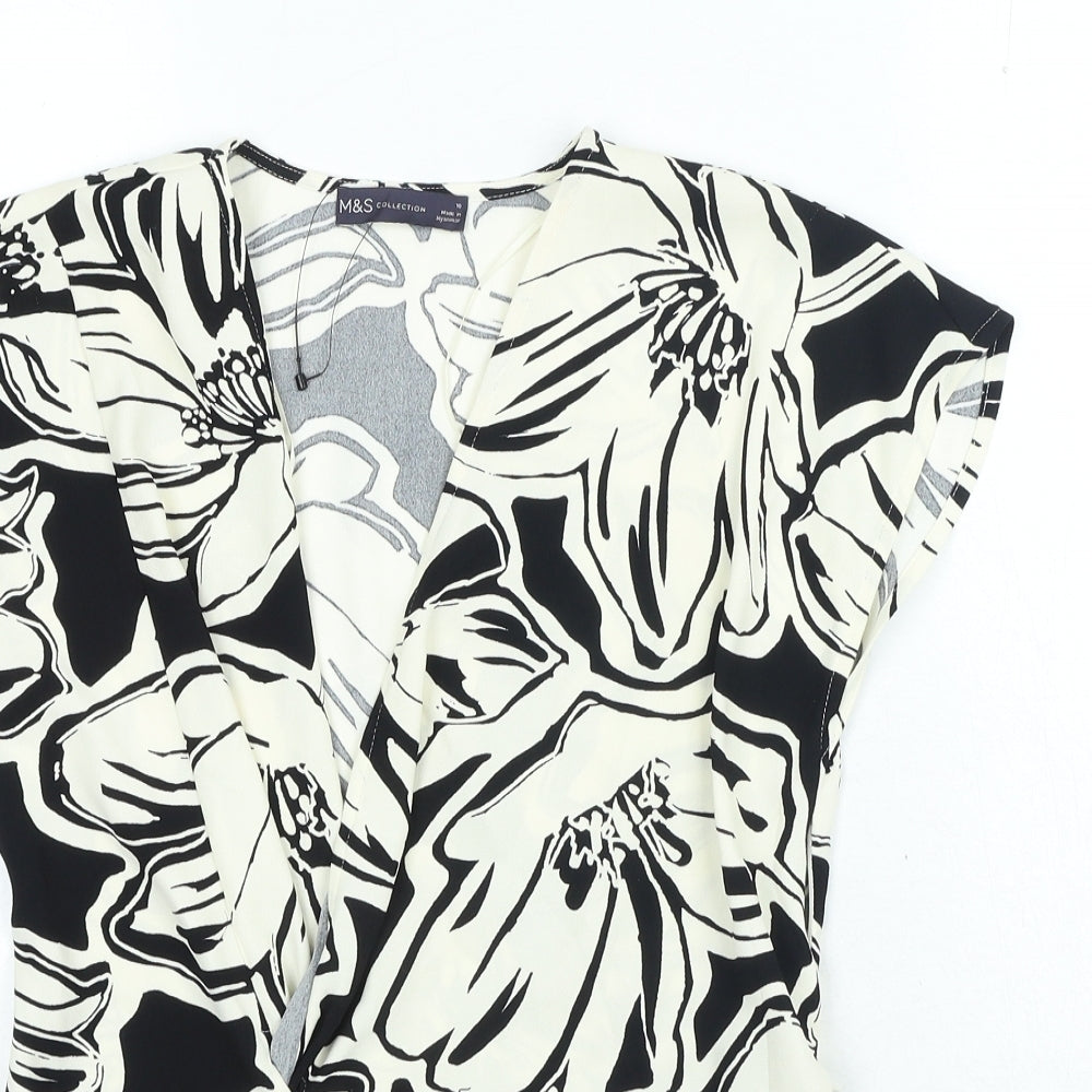 Marks and Spencer Womens Black Geometric Polyester Basic Blouse Size 10 V-Neck