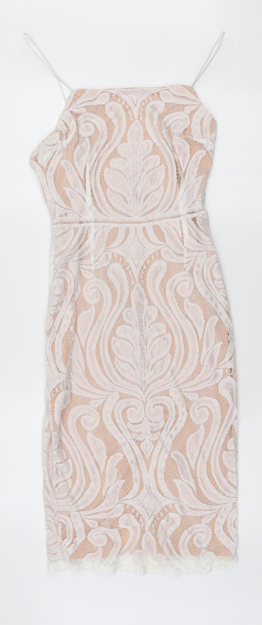 Peace and Love Womens White Floral Polyester Bodycon Size 10 Square Neck Zip