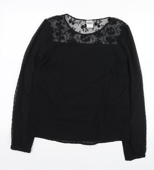 VERO MODA Womens Black Polyester Basic Blouse Size S Round Neck - Lace Detail