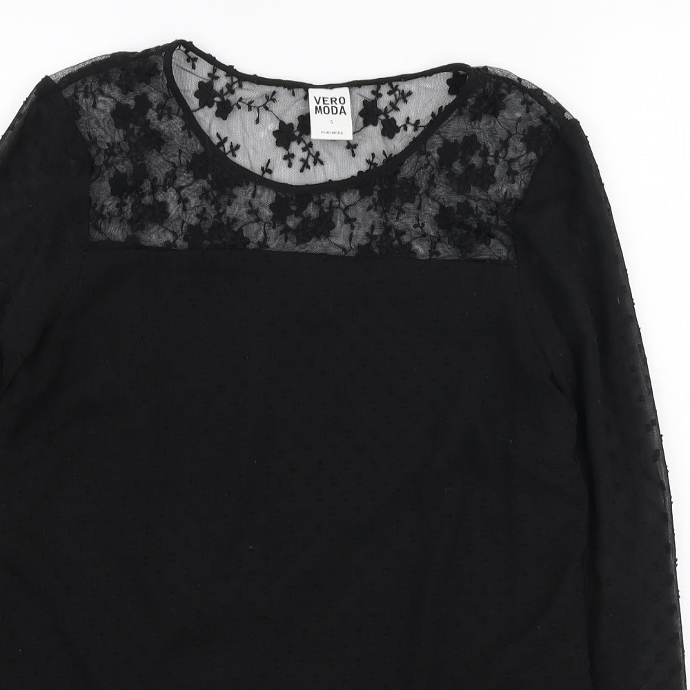 VERO MODA Womens Black Polyester Basic Blouse Size S Round Neck - Lace Detail