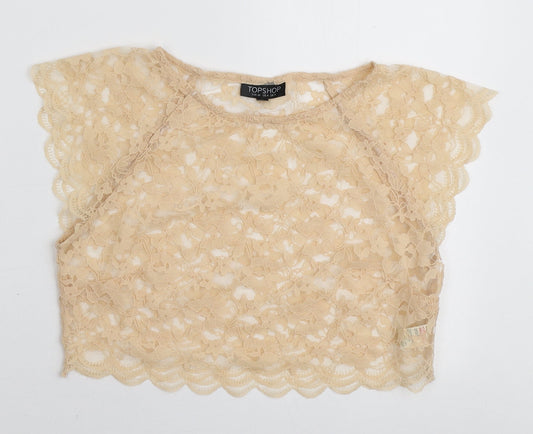 Topshop Womens Beige Floral Nylon Cropped T-Shirt Size 8 Round Neck