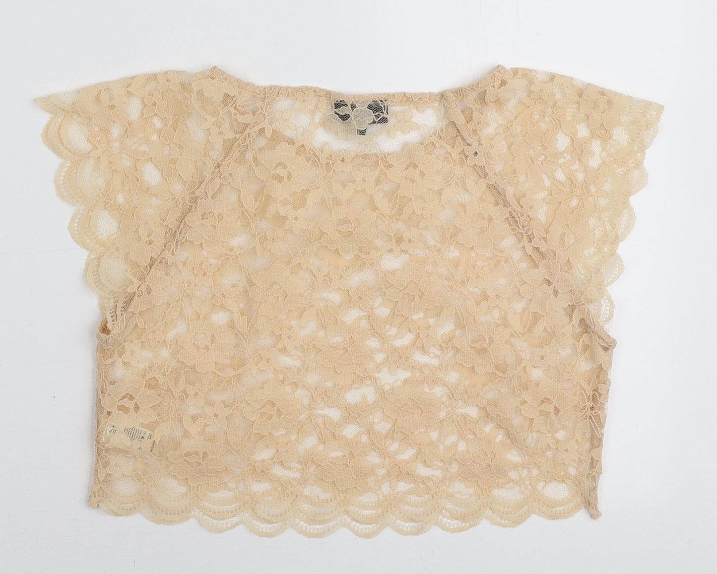 Topshop Womens Beige Floral Nylon Cropped T-Shirt Size 8 Round Neck