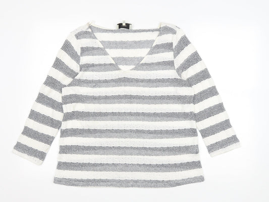NEXT Womens White V-Neck Striped Viscose Pullover Jumper Size 14