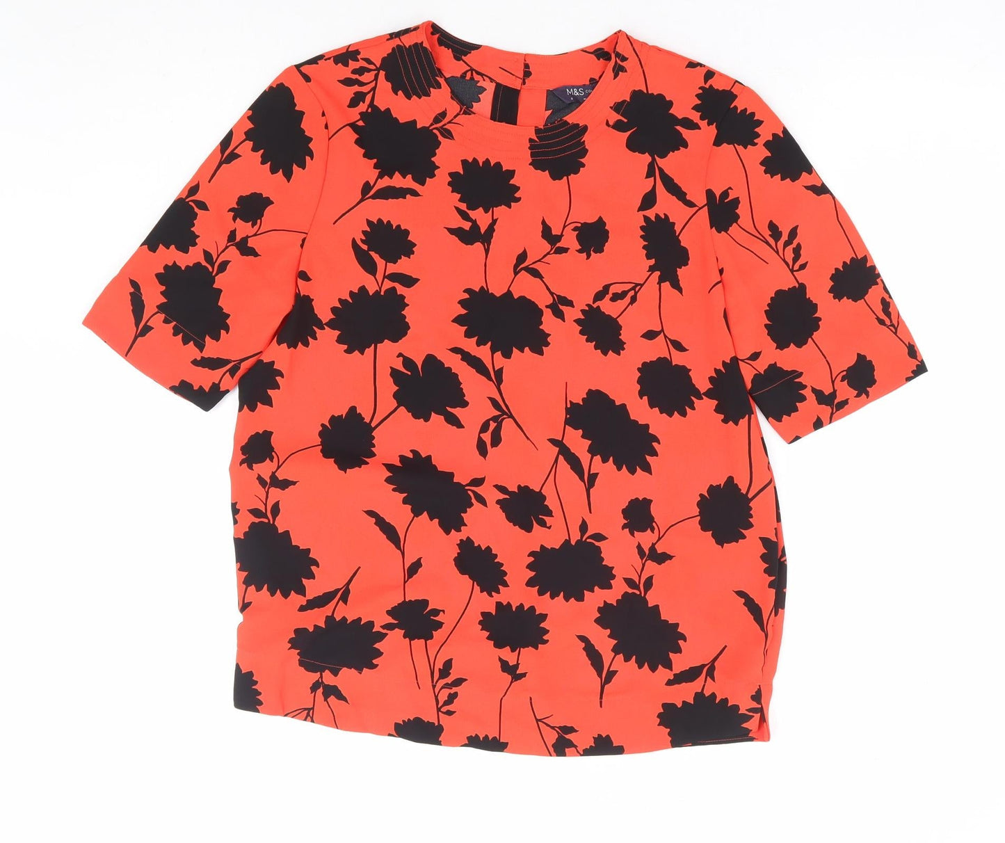 Marks and Spencer Womens Red Floral Polyester Basic T-Shirt Size 6 Round Neck