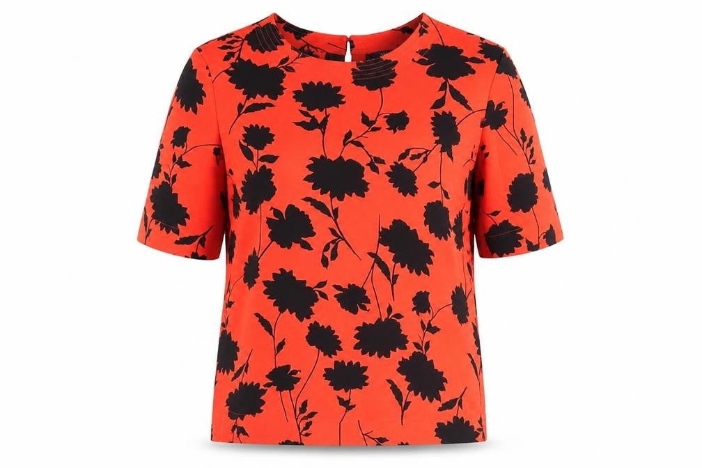 Marks & Spencer Womens Red Floral Polyester Basic T-Shirt Size 6 Round Neck