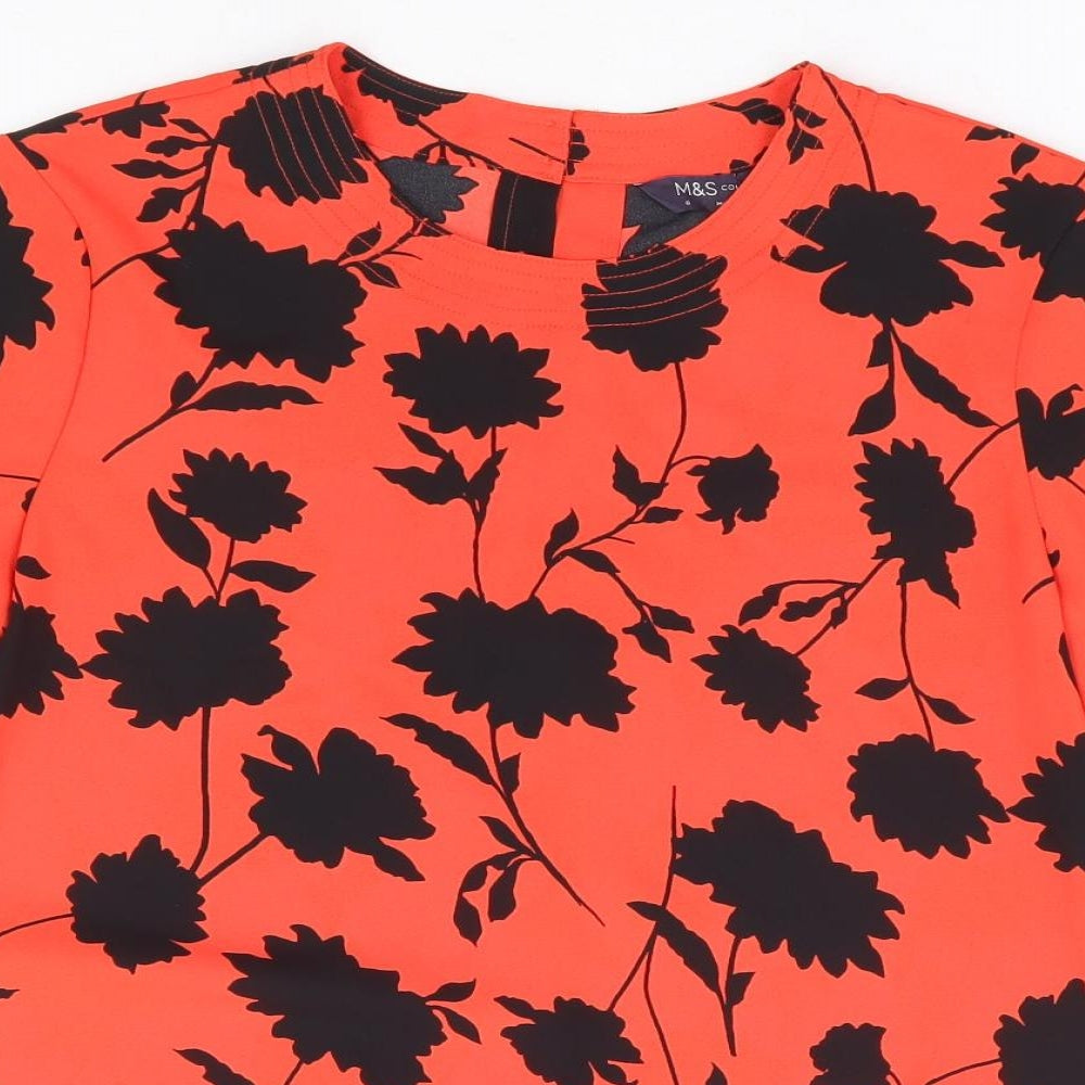 Marks and Spencer Womens Red Floral Polyester Basic T-Shirt Size 6 Round Neck