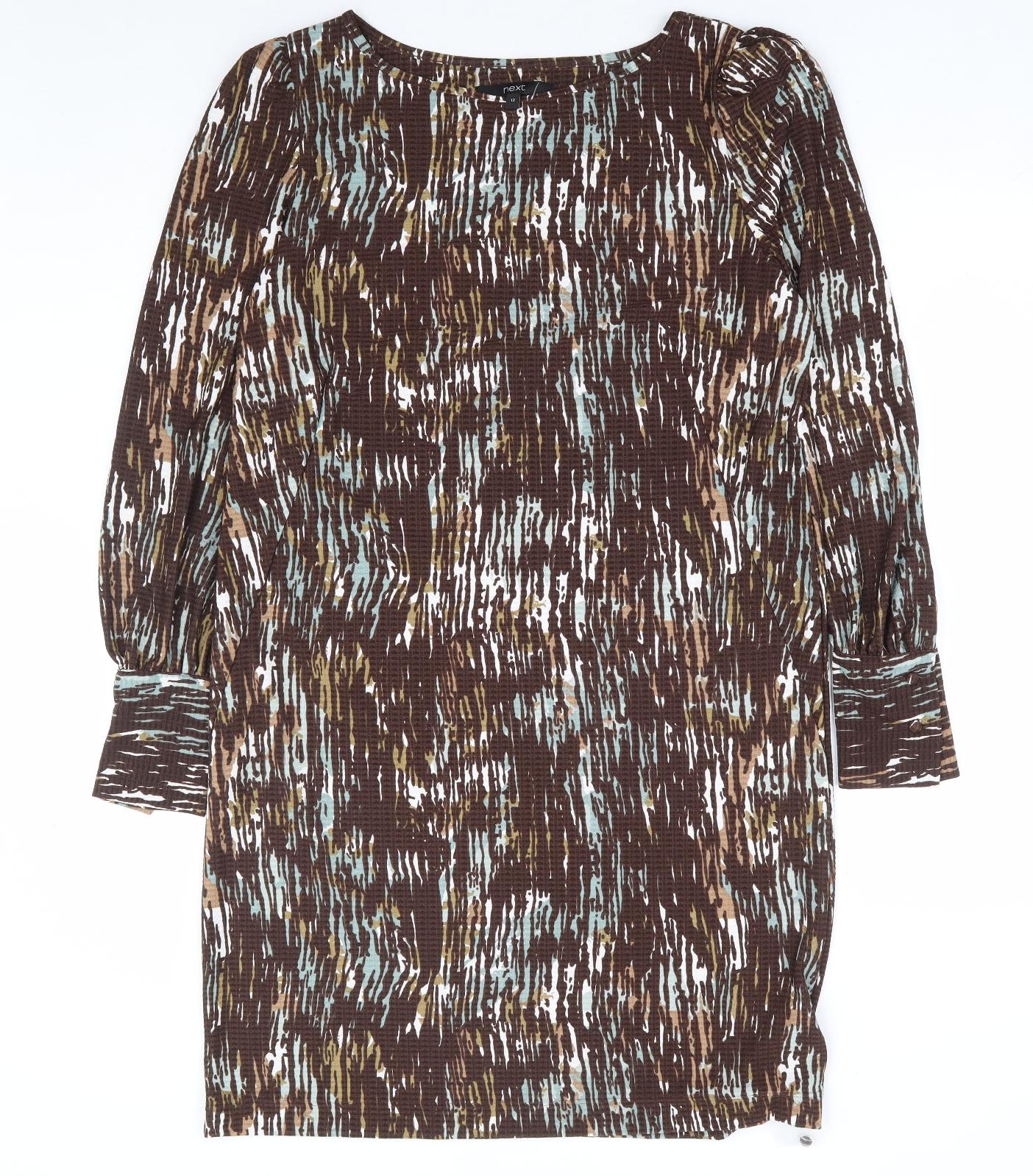 NEXT Womens Brown Geometric Polyester Shift Size 12 Boat Neck Pullover
