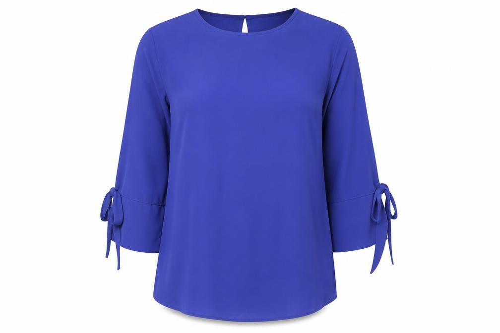 Papaya Womens Blue Polyester Basic Blouse Size 8 Round Neck - Tie Sleeve Detail
