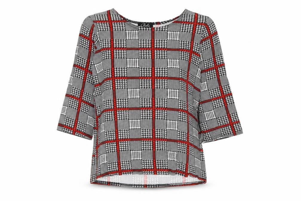 Bebo Womens Black Plaid Viscose Basic Blouse Size M Round Neck
