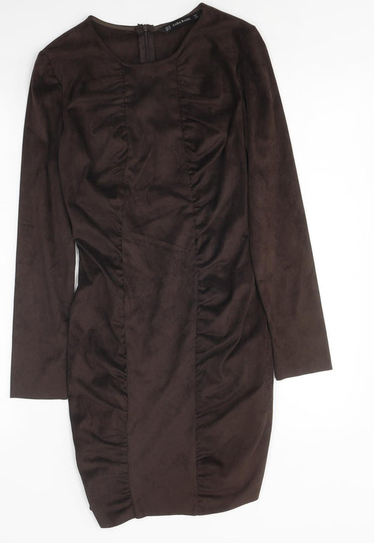 Zara Womens Brown Polyester Bodycon Size XS Round Neck Zip - Ruched
