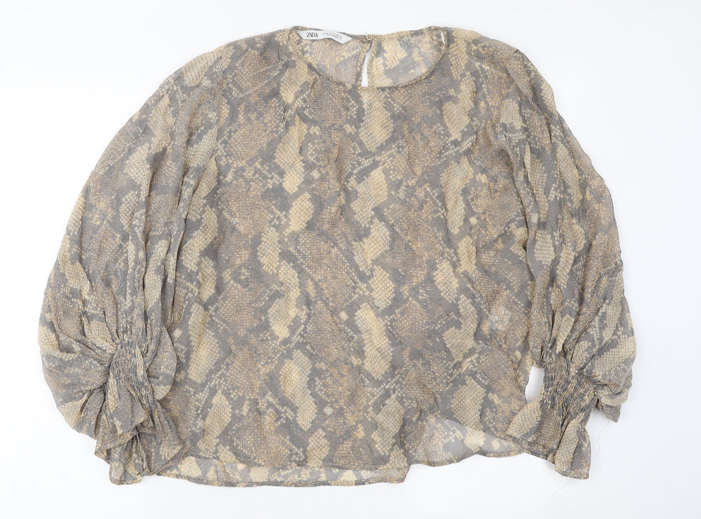 Zara Womens Brown Animal Print Cotton Basic Blouse Size M Round Neck
