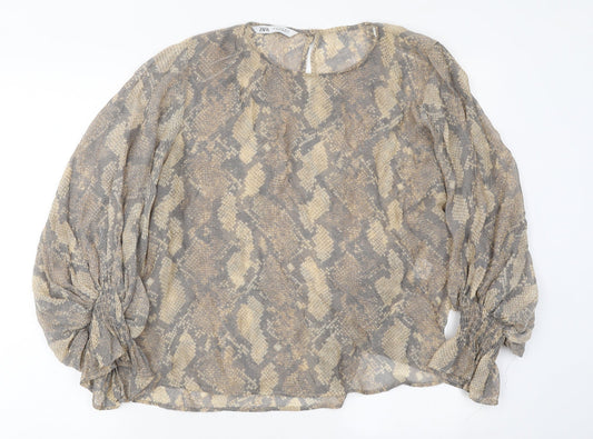 Zara Womens Brown Animal Print Cotton Basic Blouse Size M Round Neck