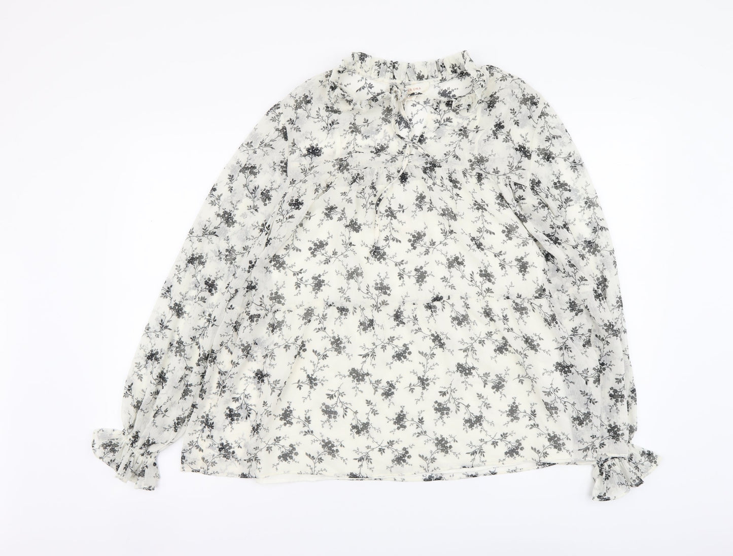 Marks and Spencer Womens White Floral Polyester Basic Blouse Size 8 Mock Neck