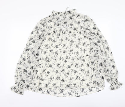 Marks & Spencer Womens White Floral Polyester Basic Blouse Size 8 Mock Neck
