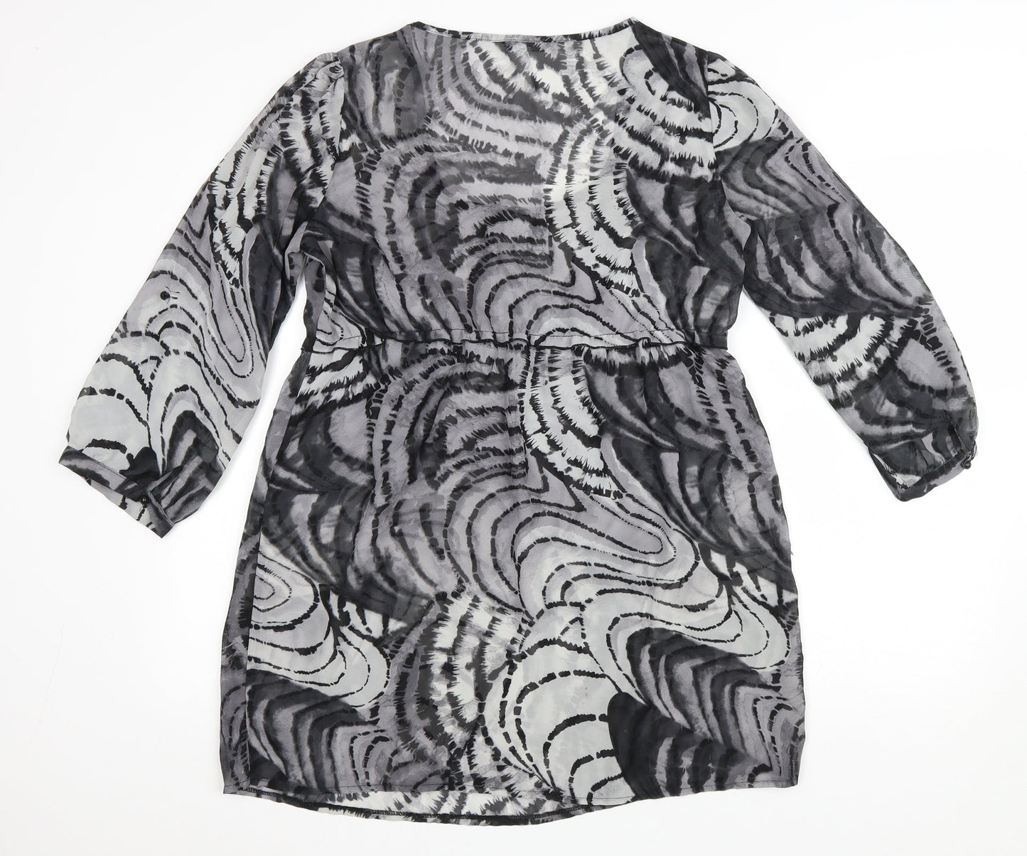 M&Co Womens Grey Geometric Polyester A-Line Size 14 Scoop Neck Button