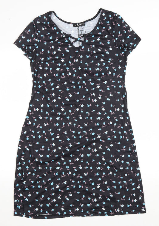 SHEILAY Womens Black Floral Polyester T-Shirt Dress Size M V-Neck Pullover - Lace up detail