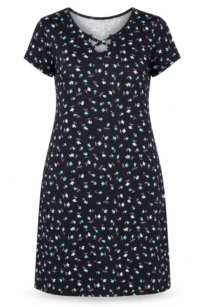 SHEILAY Womens Black Floral Polyester T-Shirt Dress Size M V-Neck Pullover - Lace up detail