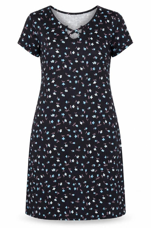 SHEILAY Womens Black Floral Polyester T-Shirt Dress Size M V-Neck Pullover - Lace up detail