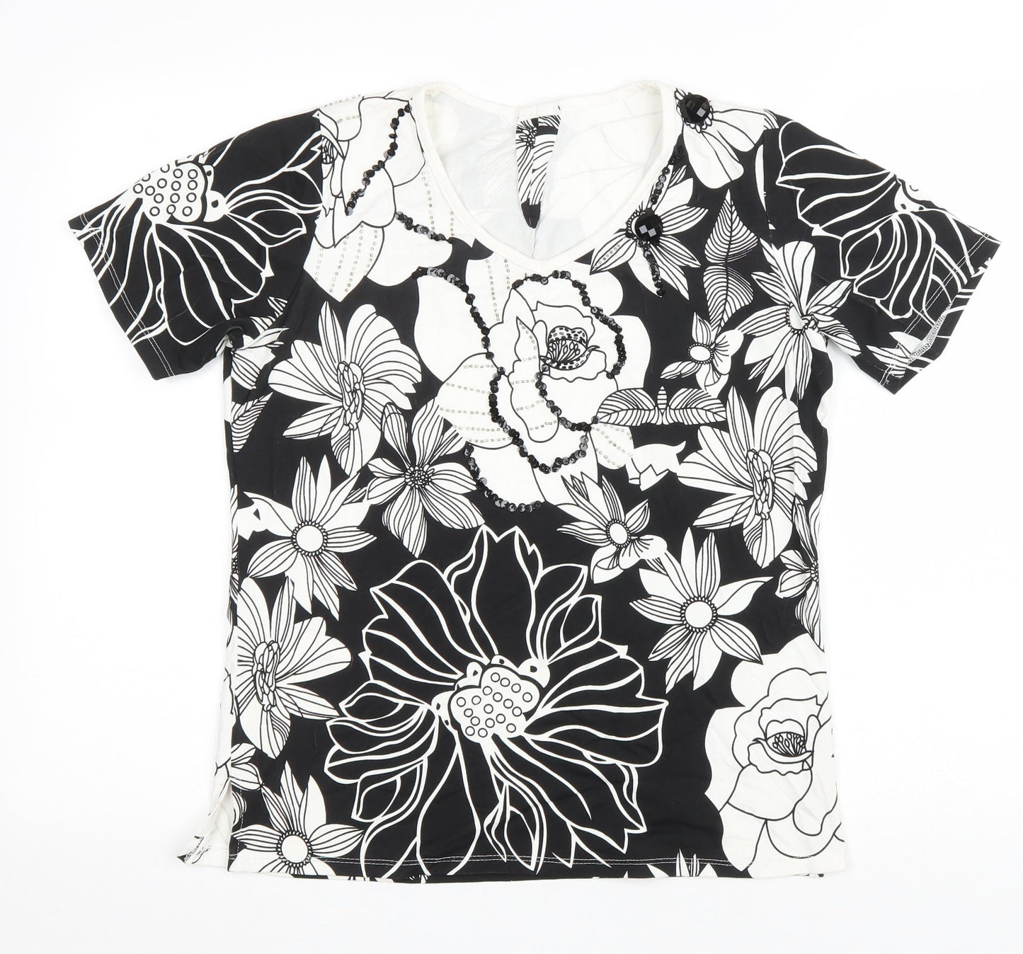 Preworn Womens Black Floral Viscose Basic T-Shirt Size S Round Neck