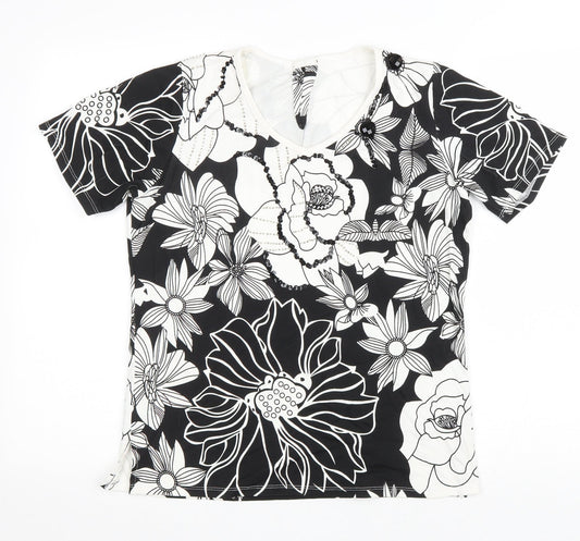 Preworn Womens Black Floral Viscose Basic T-Shirt Size S Round Neck