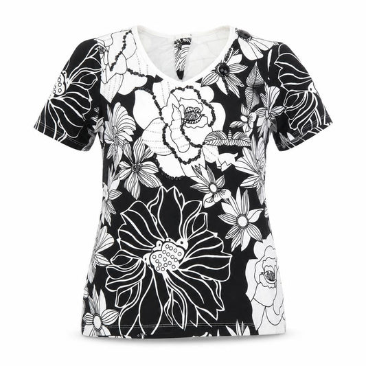 Preworn Womens Black Floral Viscose Basic T-Shirt Size S Round Neck