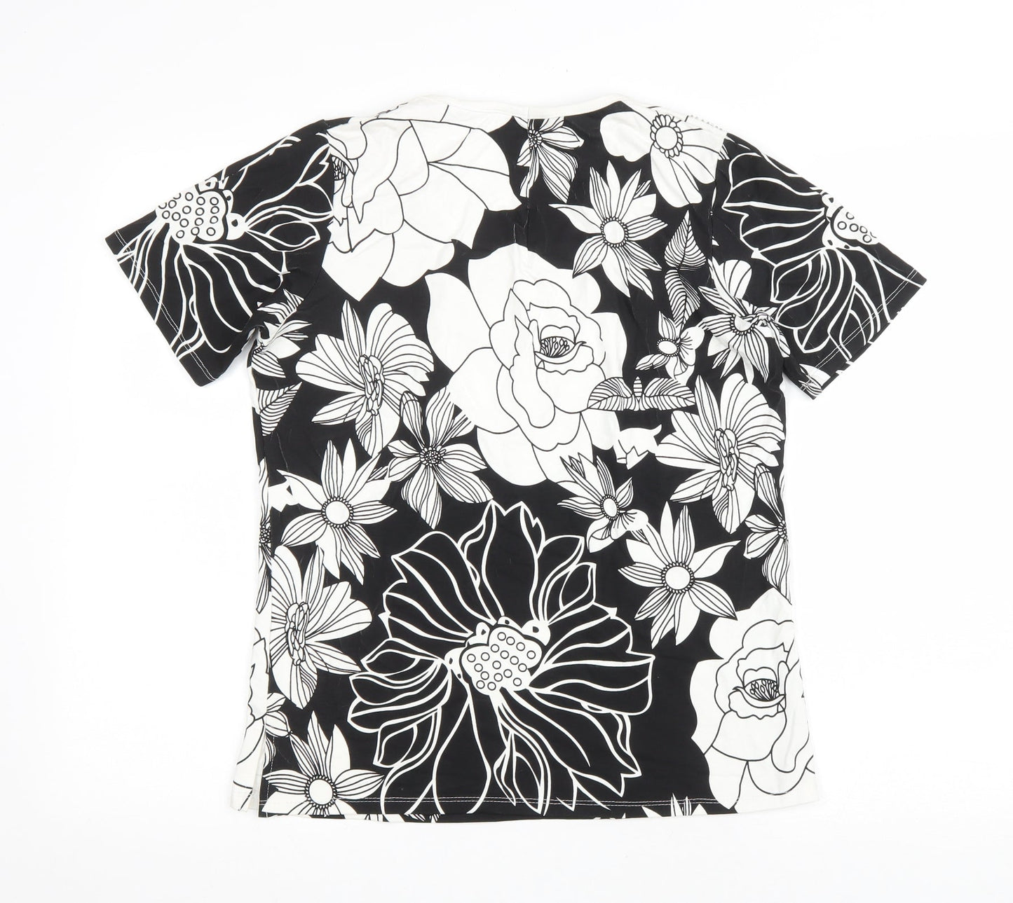 Preworn Womens Black Floral Viscose Basic T-Shirt Size S Round Neck