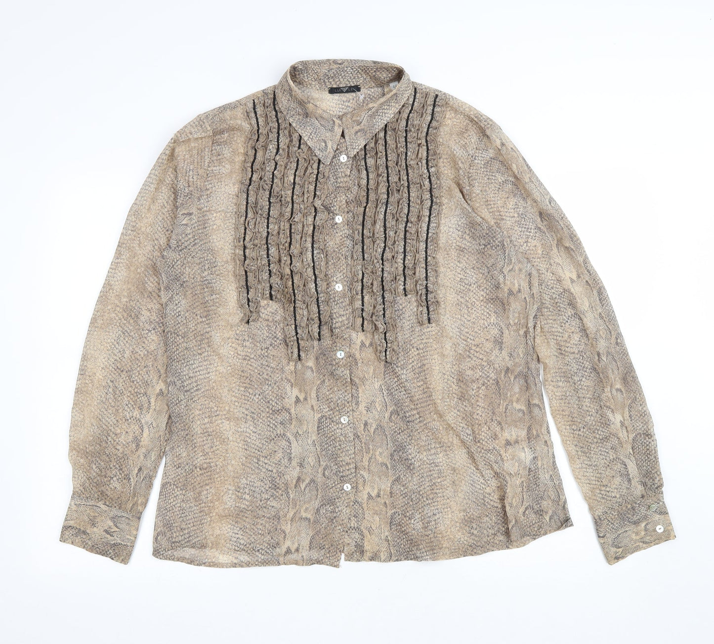 Lui Lei Womens Brown Animal Print Polyester Basic Button-Up Size 16 Collared - Snake Skin Print