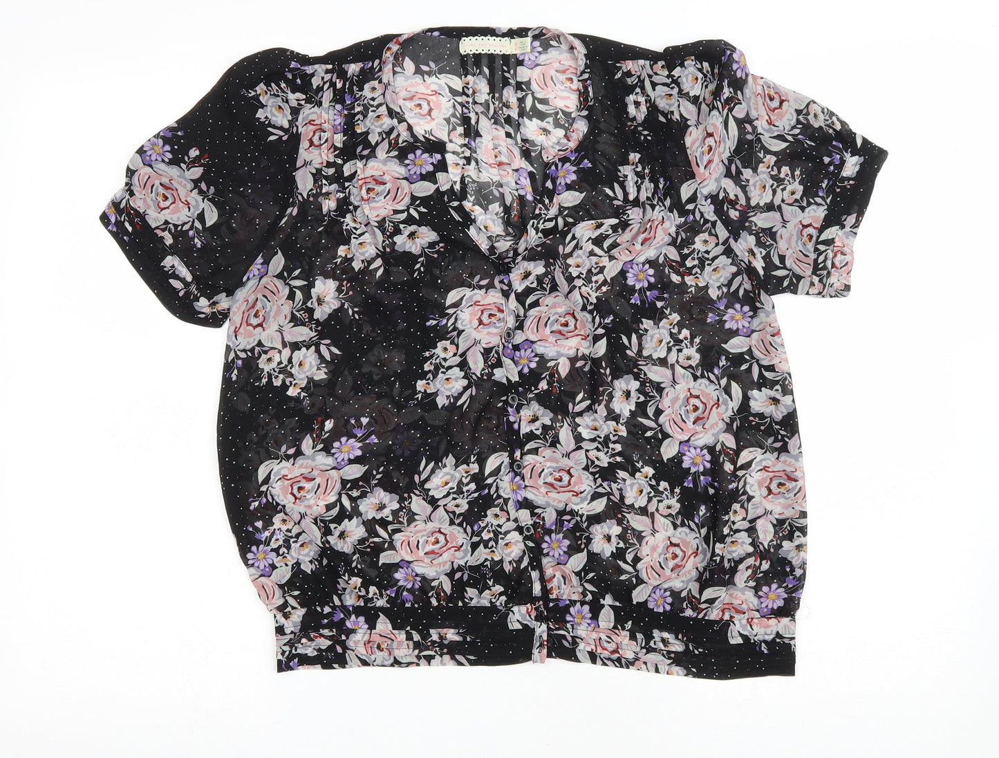 Pins and Needles Womens Black Floral Polyester Basic Button-Up Size M Scoop Neck