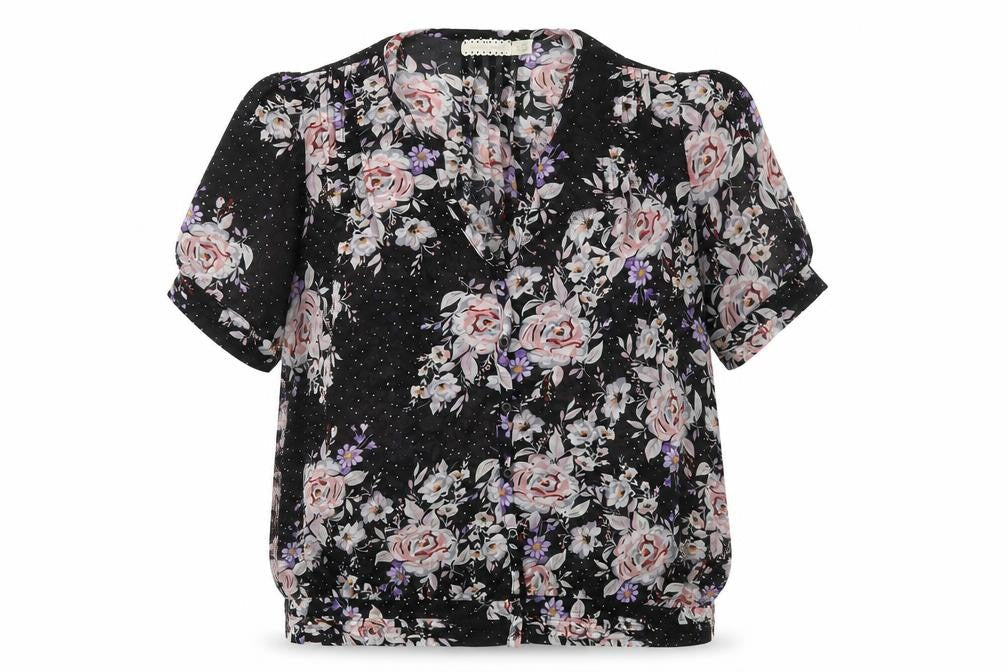 Pins and Needles Womens Black Floral Polyester Basic Button-Up Size M Scoop Neck