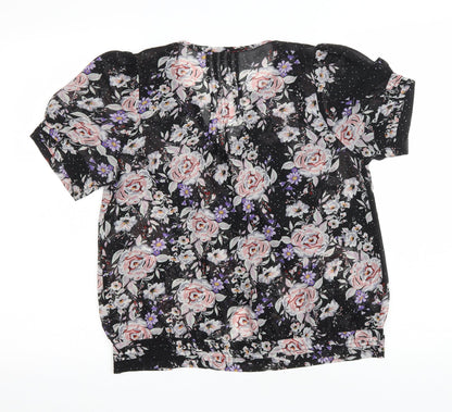 Pins & Needles Womens Black Floral Polyester Basic Button-Up Size M Scoop Neck