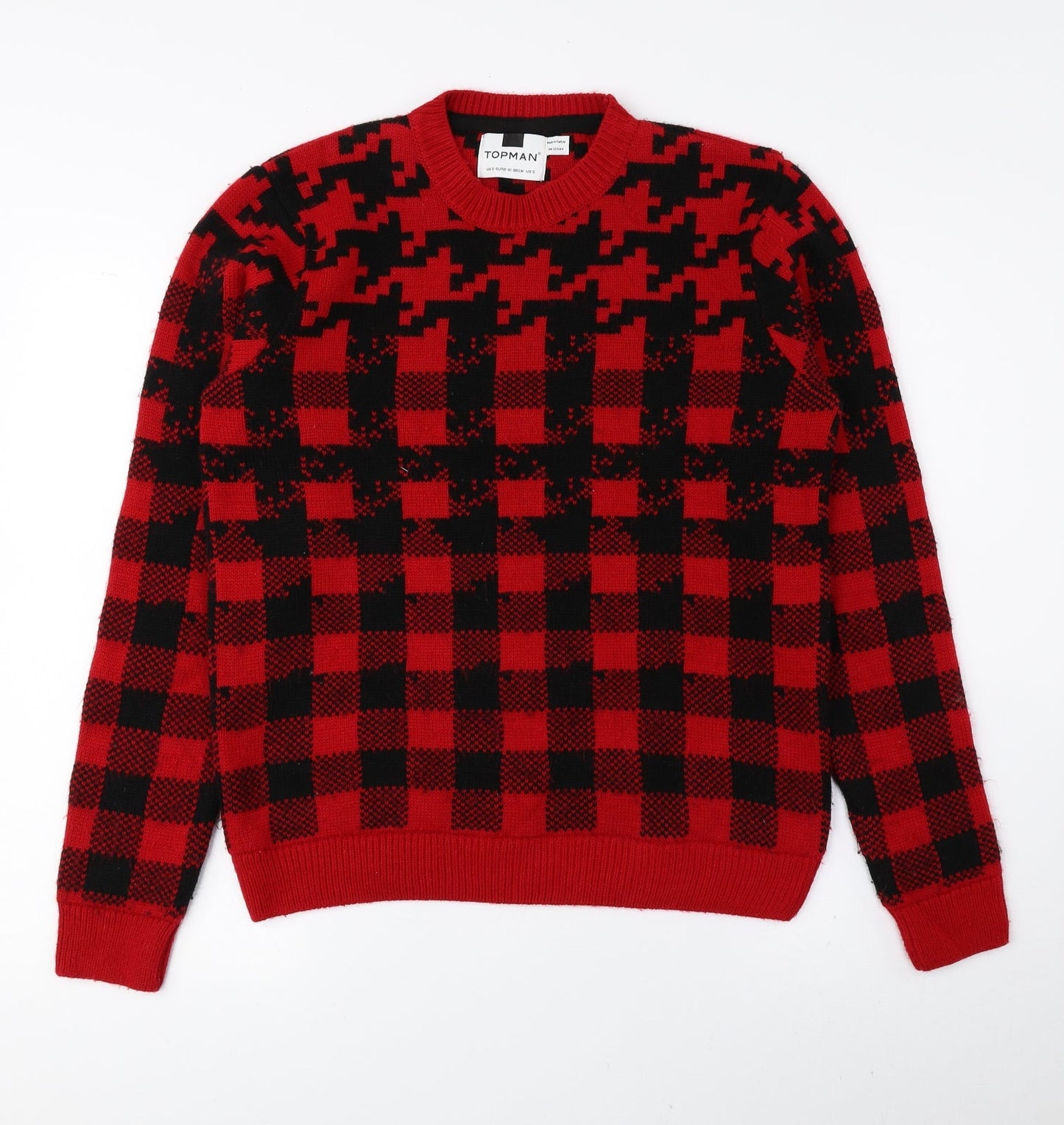 Topman Womens Red Round Neck Check Acrylic Pullover Jumper Size S