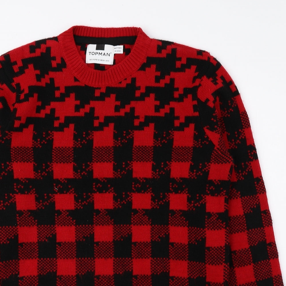 Topman Womens Red Round Neck Check Acrylic Pullover Jumper Size S