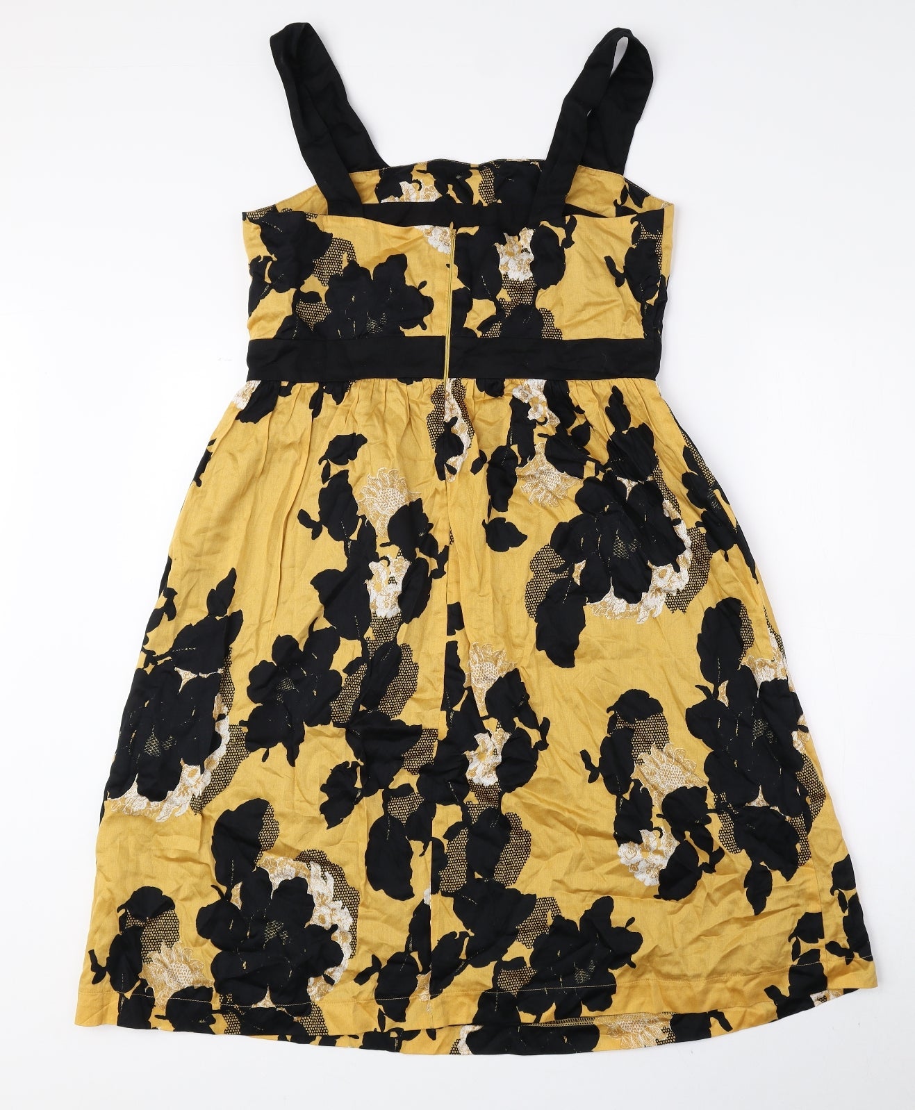 Marks and Spencer Womens Yellow Floral 100% Cotton A-Line Size 12 Square Neck Zip