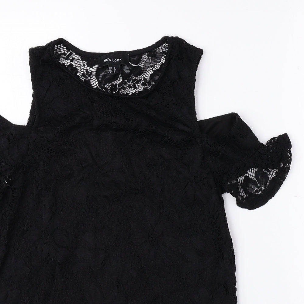 New Look Womens Black Nylon Basic Blouse Size 8 Round Neck