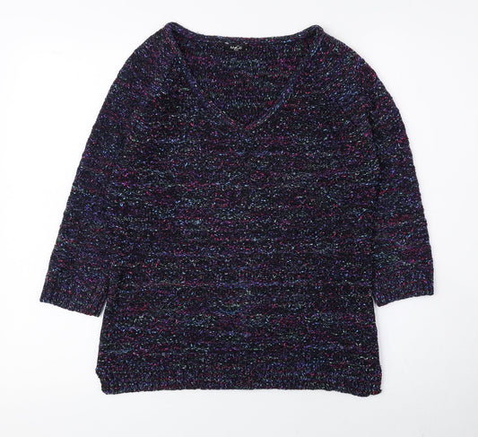 M&Co Womens Multicoloured V-Neck Polyester Pullover Jumper Size 12