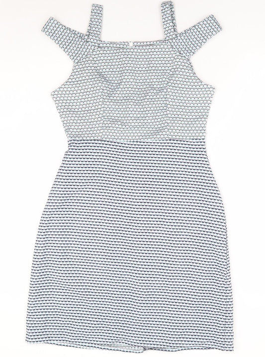Real Form London Womens Blue Geometric Polyester A-Line Size 12 Square Neck Zip - Cold Shoulder Detail