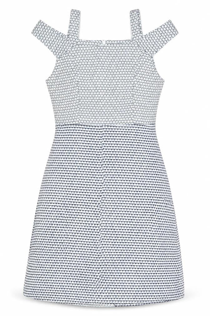 Real Form London Womens Blue Geometric Polyester A-Line Size 12 Square Neck Zip - Cold Shoulder Detail