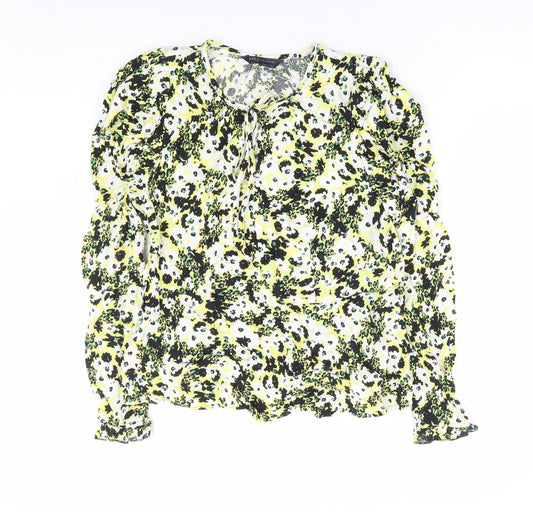 Marks and Spencer Womens Yellow Floral Viscose Basic Blouse Size 10 Round Neck - Tie Front