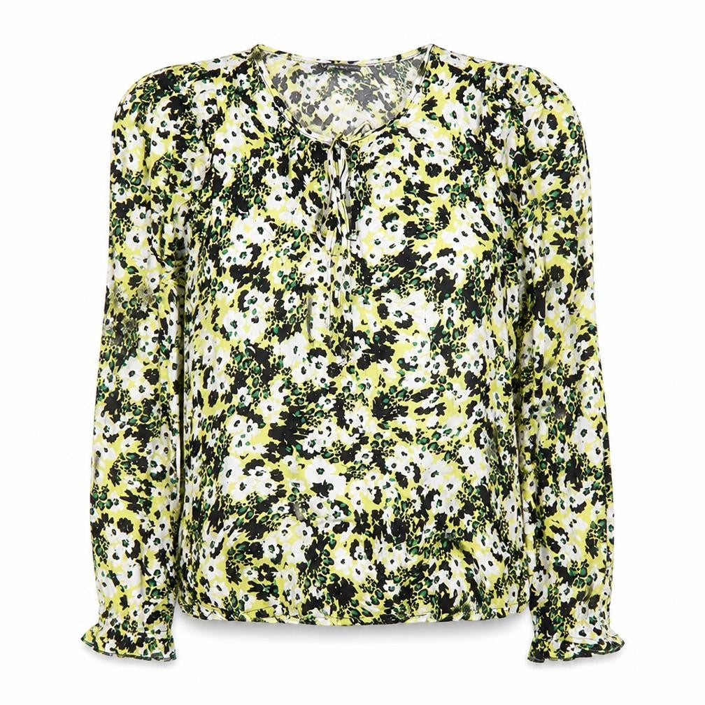 Marks & Spencer Womens Yellow Floral Viscose Basic Blouse Size 10 Round Neck - Tie Front