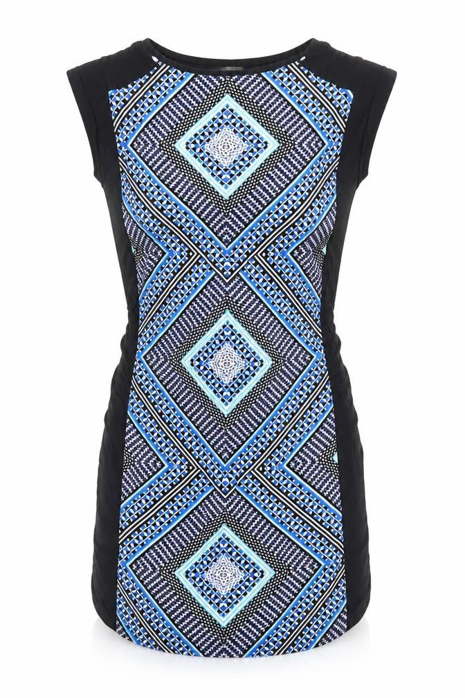 Oasis Womens Blue Geometric Viscose Fit & Flare Size XS Round Neck Pullover - Elastic Waist