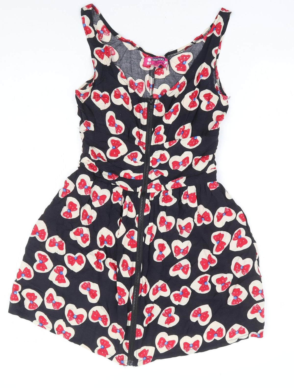 boohooMAN Boohoo Sister Girls Black Geometric Viscose A-Line Size 14 Years Scoop Neck Zip - Bow Print