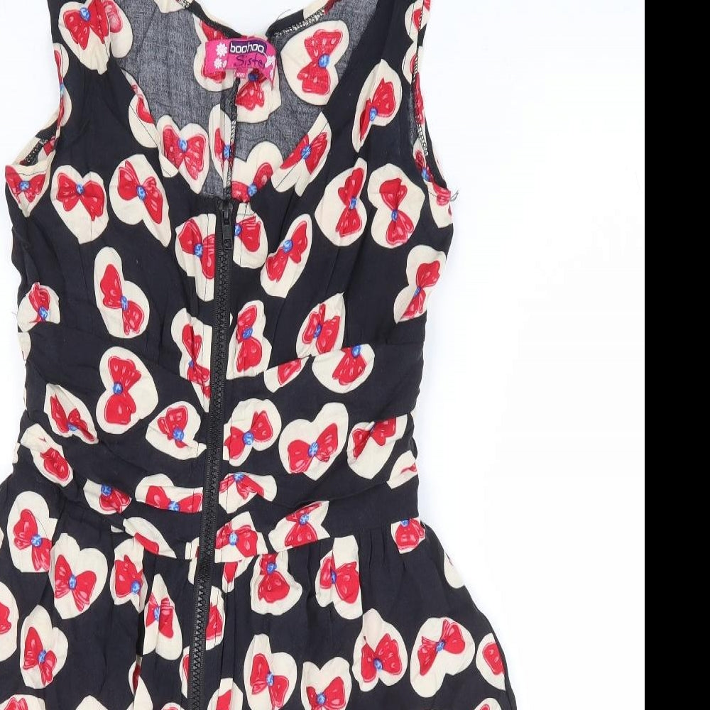 boohooMAN Boohoo Sister Girls Black Geometric Viscose A-Line Size 14 Years Scoop Neck Zip - Bow Print