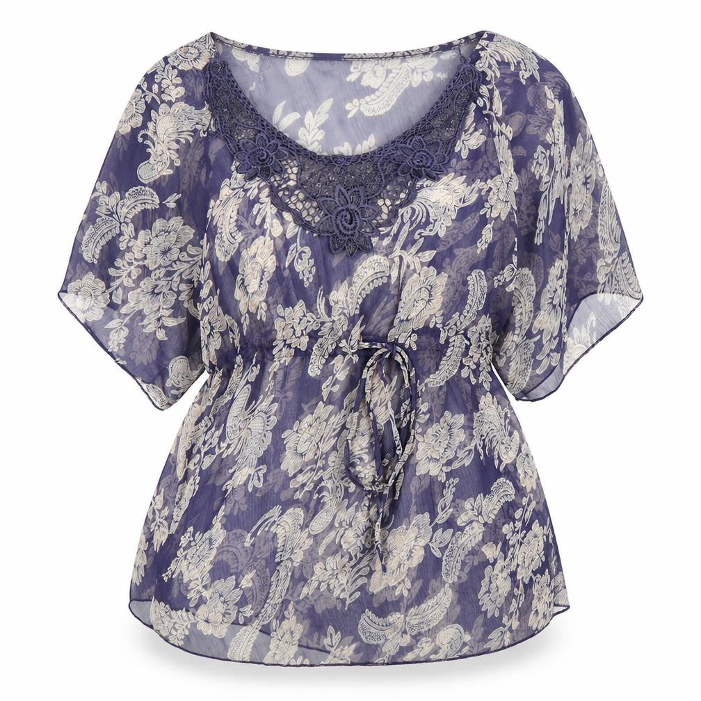 Georgetown Womens Blue Floral Polyester Basic Blouse Size M Scoop Neck