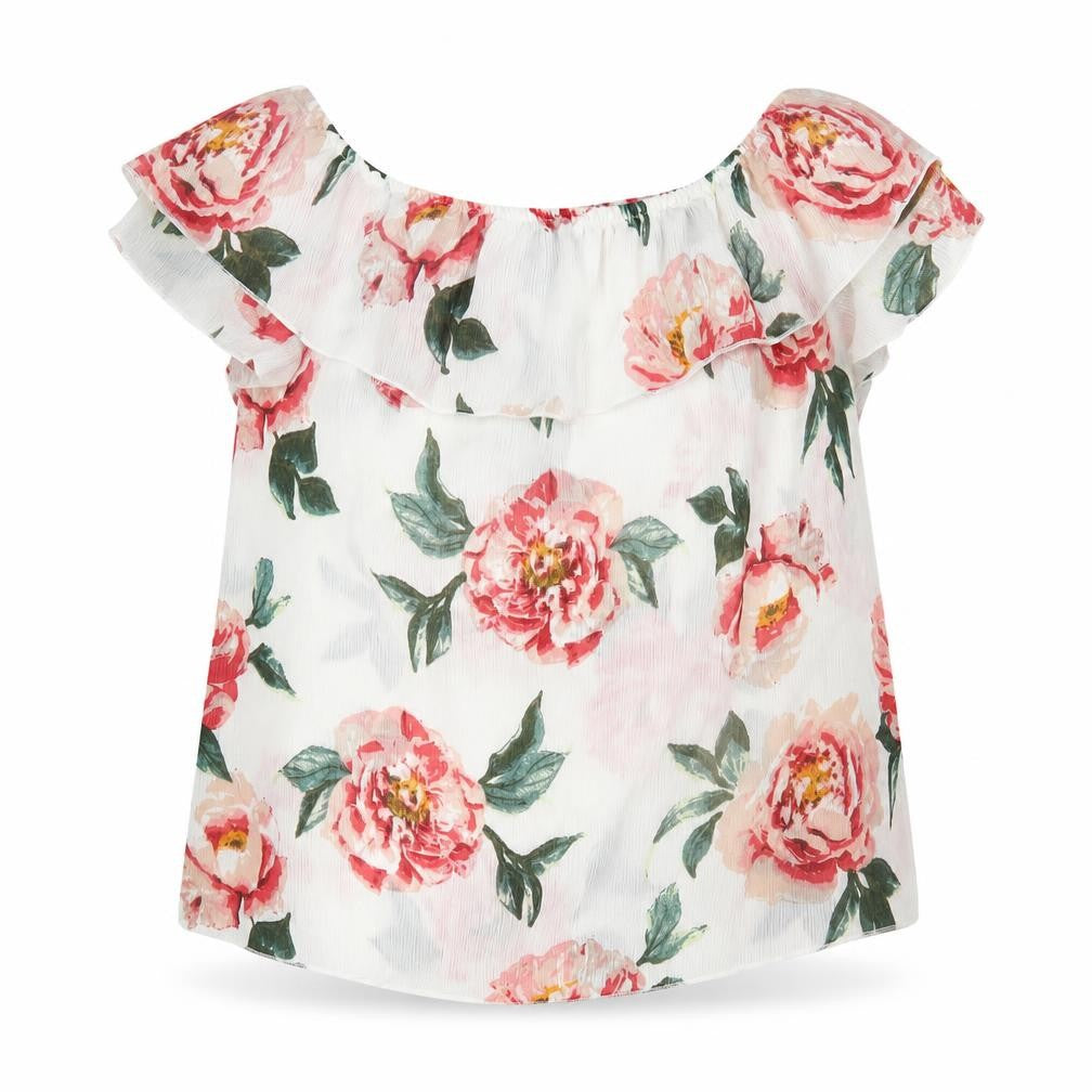 Ambience Womens White Floral Polyester Basic Blouse Size S Off the Shoulder - Rose Print Bardot